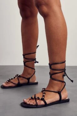 Bead Detail Strappy Sandals 7 Bead Detail Strappy Sandals -Cheap Sarto Tone Store black bead detail strappy sandals 2