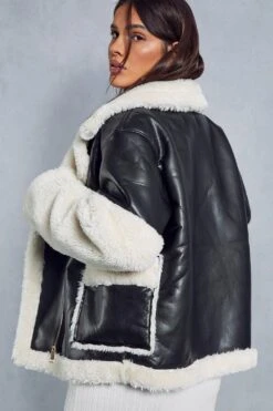 Contrast Borg Detail Aviator Jacket 10 Contrast Borg Detail Aviator Jacket -Cheap Sarto Tone Store black contrast borg detail aviator jacket 2