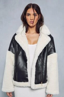 Contrast Borg Detail Aviator Jacket 13 Contrast Borg Detail Aviator Jacket -Cheap Sarto Tone Store black contrast borg detail aviator jacket 5