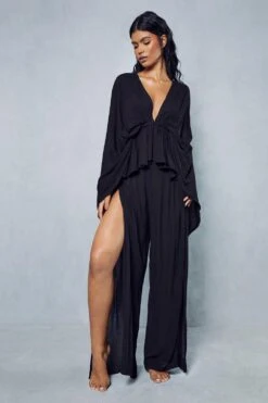 Crinkle Sheer Plunge Front Ruffle Trouser Co Ord 11 Crinkle Sheer Plunge Front Ruffle Trouser Co Ord -Cheap Sarto Tone Store black crinkle sheer plunge front ruffle trouser co ord 3