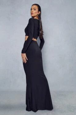 Double Layer Slinky Long Sleeve Top & Column Skirt Co-ord -Cheap Sarto Tone Store black double layer slinky long sleeve top column skirt co ord 2