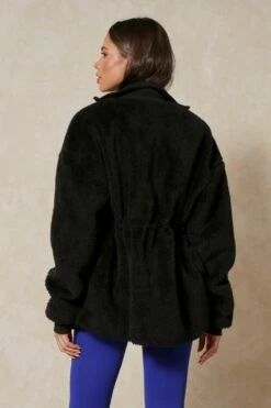 Drawstring Detail Zip Front Teddy Jacket -Cheap Sarto Tone Store black drawstring detail zip front teddy jacket 2