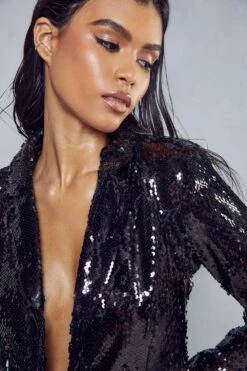 High Shine Sequin Tailored Blazer 8 High Shine Sequin Tailored Blazer -Cheap Sarto Tone Store black high shine sequin tailored blazer 1