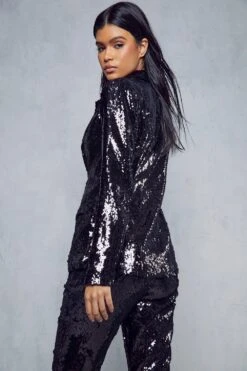 High Shine Sequin Tailored Blazer 9 High Shine Sequin Tailored Blazer -Cheap Sarto Tone Store black high shine sequin tailored blazer 2
