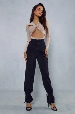 High Waisted Tie Hem Detail Jeans