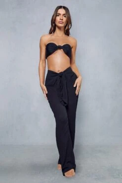 Knot Front Linen Look Beach Trousers 11 Knot Front Linen Look Beach Trousers -Cheap Sarto Tone Store black knot front linen look beach trousers 1 3