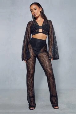 Lace Twist Shirt And Seam Detail Trouser Co-ord 11 Lace Twist Shirt And Seam Detail Trouser Co-ord -Cheap Sarto Tone Store black lace twist shirt and seam detail trouser co ord 3