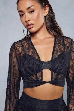 Lace Twist Shirt And Seam Detail Trouser Co-ord 13 Lace Twist Shirt And Seam Detail Trouser Co-ord -Cheap Sarto Tone Store black lace twist shirt and seam detail trouser co ord 5