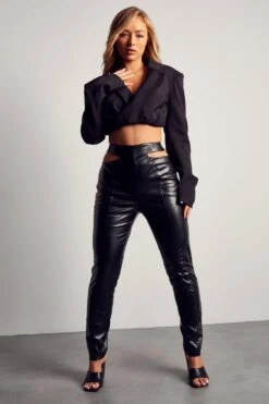 Leather Look Cut Out Straight Leg Trousers 11 Leather Look Cut Out Straight Leg Trousers -Cheap Sarto Tone Store black leather look cut out straight leg trousers 3