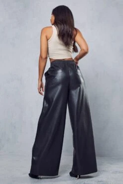 Leather Look Ruched Waist Wide Leg Trouser 9 Leather Look Ruched Waist Wide Leg Trouser -Cheap Sarto Tone Store black leather look ruched waist wide leg trouser 2