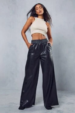 Leather Look Ruched Waist Wide Leg Trouser 11 Leather Look Ruched Waist Wide Leg Trouser -Cheap Sarto Tone Store black leather look ruched waist wide leg trouser 4