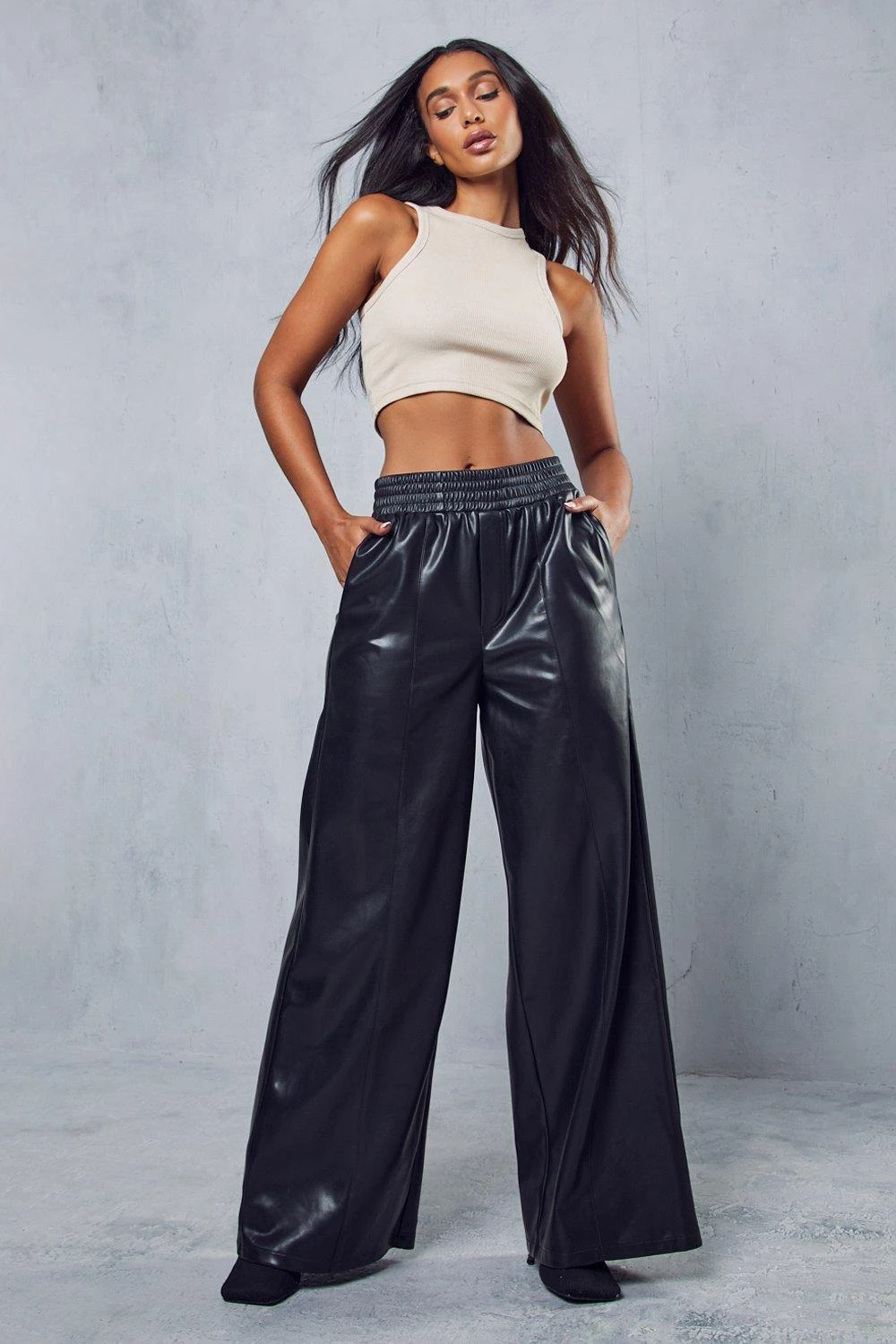 Leather Look Ruched Waist Wide Leg Trouser 7 Leather Look Ruched Waist Wide Leg Trouser - Image 5