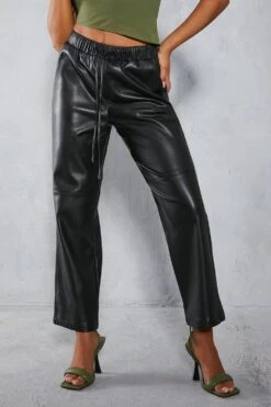 Leather Look Straight Leg Jogger Trouser 10 Leather Look Straight Leg Jogger Trouser -Cheap Sarto Tone Store black leather look straight leg jogger trouser 3