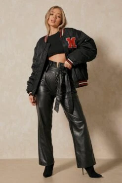 Leather Look V Dip Front Belted Trousers
