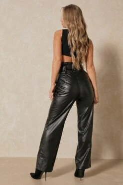 Leather Look V Dip Front Belted Trousers -Cheap Sarto Tone Store black leather look v dip front belted trousers 3