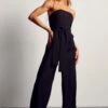 Linen Look Bardot Wide Leg Jumpsuit -Cheap Sarto Tone Store black linen look bardot wide leg jumpsuit