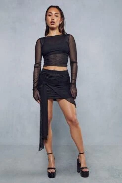 Mesh Top & Wrap Tie Skirt Co-ord -Cheap Sarto Tone Store black mesh top wrap tie skirt co ord 3