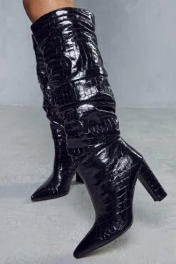 Metallic Ruched Croc Knee High Boot -Cheap Sarto Tone Store black metallic ruched croc knee high boot 2