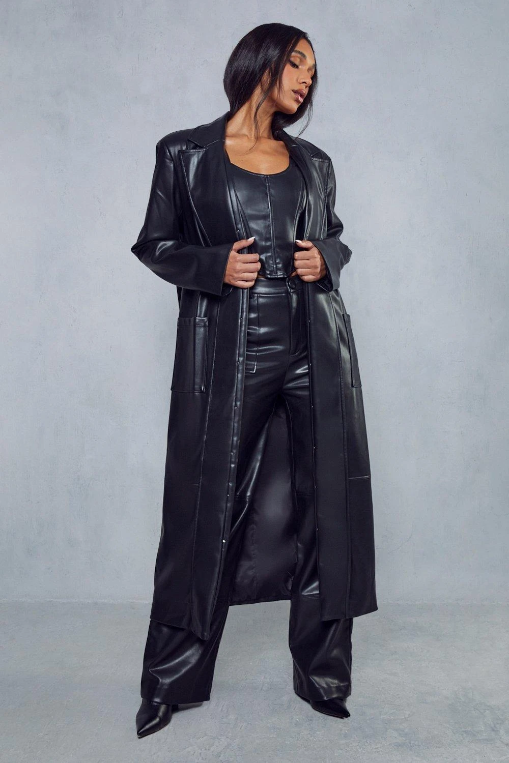 Miss Joslin Leather Look Longline Coat 4 Miss Joslin Leather Look Longline Coat - Image 2