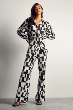 Monochrome Abstract Satin Print Trousers