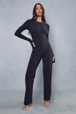 Premium Brushed Rib Thumbhole Wide Leg Jumpsuit