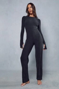 Premium Brushed Rib Thumbhole Wide Leg Jumpsuit -Cheap Sarto Tone Store black premium brushed rib thumbhole wide leg jumpsuit 3