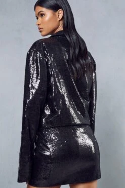 Premium Sequin Shirt And Mini Skirt Co-ord -Cheap Sarto Tone Store black premium sequin shirt and mini skirt co ord 2
