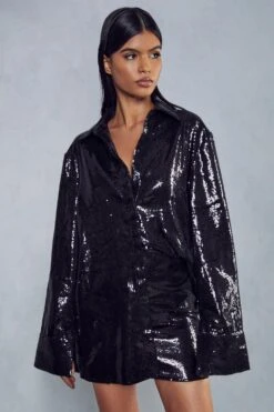 Premium Sequin Shirt And Mini Skirt Co-ord -Cheap Sarto Tone Store black premium sequin shirt and mini skirt co ord 4