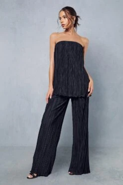 Premium Soft Touch Plisse Bandeau Top & Trouser Co-ord -Cheap Sarto Tone Store black premium soft touch plisse bandeau top trouser co ord 3