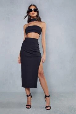 Ribbed Bandeau Tab Neck Skirt Co Ord