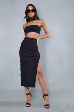 Ribbed Bandeau Tab Neck Skirt Co Ord -Cheap Sarto Tone Store black ribbed bandeau tab neck skirt co ord 3