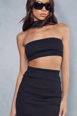 Ribbed Bandeau Tab Neck Skirt Co Ord -Cheap Sarto Tone Store black ribbed bandeau tab neck skirt co ord 5