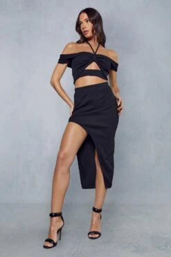 Ribbed Halter Neck Off The Shoulder Skirt Co Ord