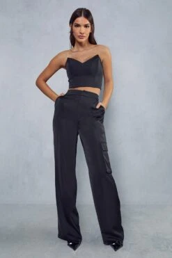 Satin Corset & Cargo Pant Co-ord -Cheap Sarto Tone Store black satin corset cargo pant co ord 3