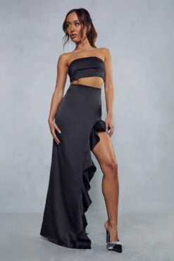 Satin Ruffle Top & Maxi Skirt Co-ord -Cheap Sarto Tone Store black satin ruffle top maxi skirt co ord 3