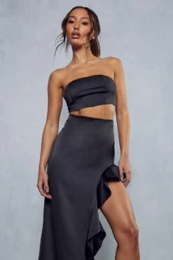 Satin Ruffle Top & Maxi Skirt Co-ord -Cheap Sarto Tone Store black satin ruffle top maxi skirt co ord 4