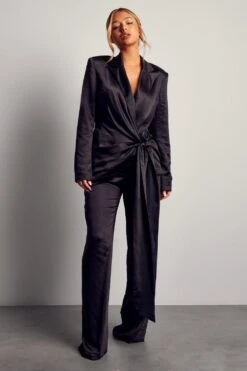 Alisha LeMay Satin Wide Leg High Waist Trousers -Cheap Sarto Tone Store black satin wide leg high waist trousers 3