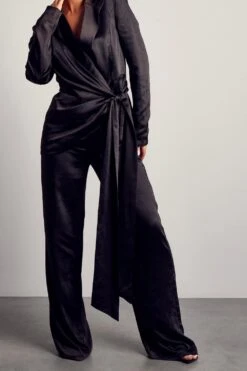 Alisha LeMay Satin Wide Leg High Waist Trousers -Cheap Sarto Tone Store black satin wide leg high waist trousers 4