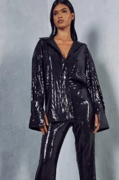Sequin Flare Trouser 12 Sequin Flare Trouser -Cheap Sarto Tone Store black sequin flare trouser 4