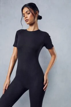 Short Sleeve Ribbed Jumpsuit -Cheap Sarto Tone Store black short sleeve ribbed jumpsuit 4
