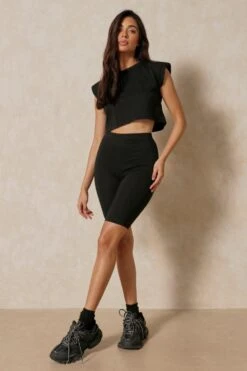 Shoulder Pad T-Shirt Shorts Set -Cheap Sarto Tone Store black shoulder pad t shirt shorts set 3