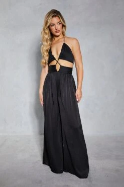 Textured Satin Strappy Cut Out Jumpsuit