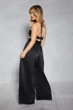 Textured Satin Strappy Cut Out Jumpsuit -Cheap Sarto Tone Store black textured satin strappy cut out jumpsuit 1 2