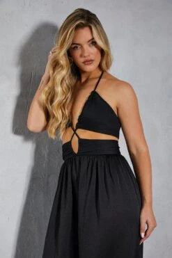 Textured Satin Strappy Cut Out Jumpsuit -Cheap Sarto Tone Store black textured satin strappy cut out jumpsuit 1 3