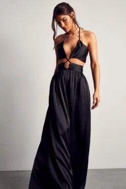 Textured Satin Strappy Cut Out Jumpsuit -Cheap Sarto Tone Store black textured satin strappy cut out jumpsuit 1 6