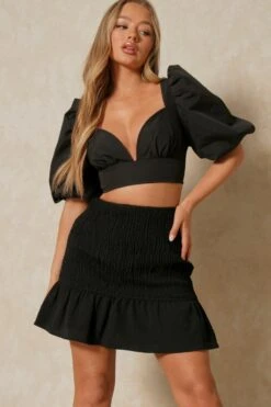 Textured Shirred Ruffle Hem Mini Skirt