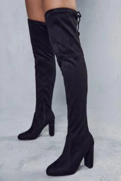 Black Tie Back Block Heel Thigh High Boots