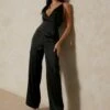 Tie Shoulder Satin Wide Leg Jumpsuit -Cheap Sarto Tone Store black tie shoulder satin wide leg jumpsuit