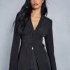 Under Bust Corset Overlay Longline Blazer -Cheap Sarto Tone Store black under bust corset overlay longline blazer