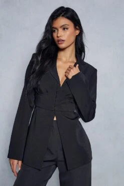 Under Bust Corset Overlay Longline Blazer -Cheap Sarto Tone Store black under bust corset overlay longline blazer 4